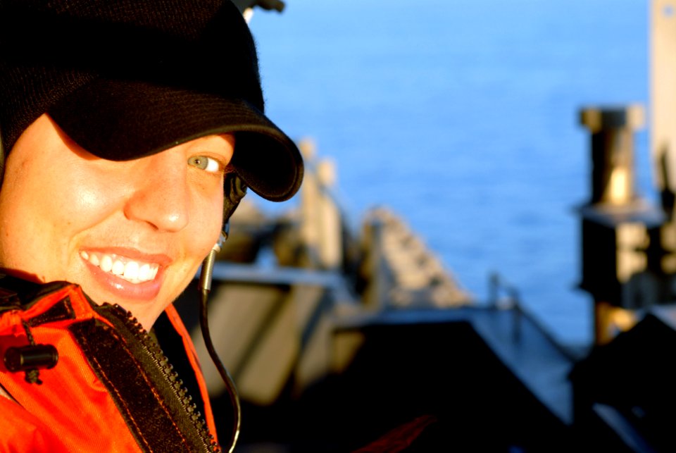 US Navy 061202-N-4133B-084 Seaman Shannon Eckstien stands lookout aboard USS Ronald Reagan (CVN 76)