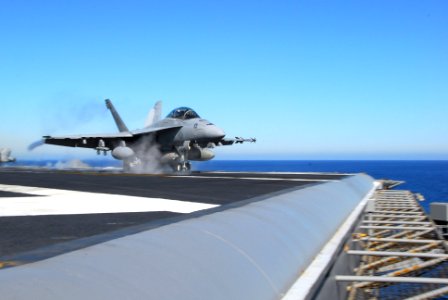 US Navy 061208-N-8158F-126 Commander, Strike Force Training Pacific, Rear Adm. Gerald R. Beaman, launches from the flight deck in an F-A-18 Super Hornet, assigned to the photo