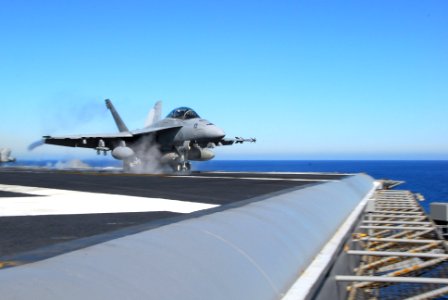 US Navy 061208-N-8158F-126 Commander, Strike Force Training Pacific, Rear Adm. Gerald R. Beaman, launches from the flight deck in an F-A-18 Super Hornet, assigned to the