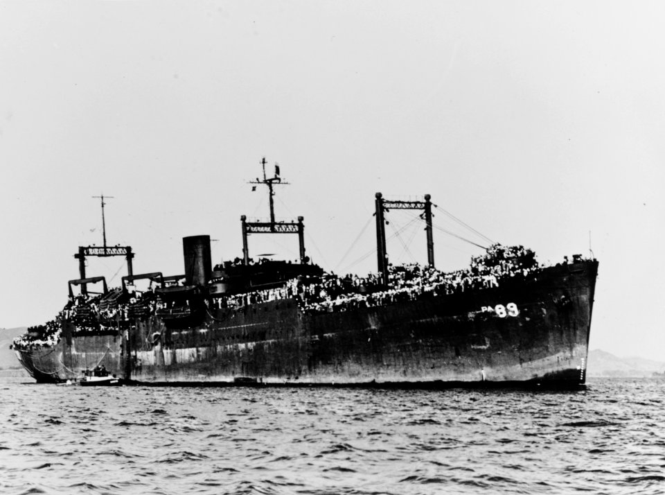 USS Frederick Funston (APA-89) underway off San Francisco, California (USA), circa in late 1945 (NH 78164)