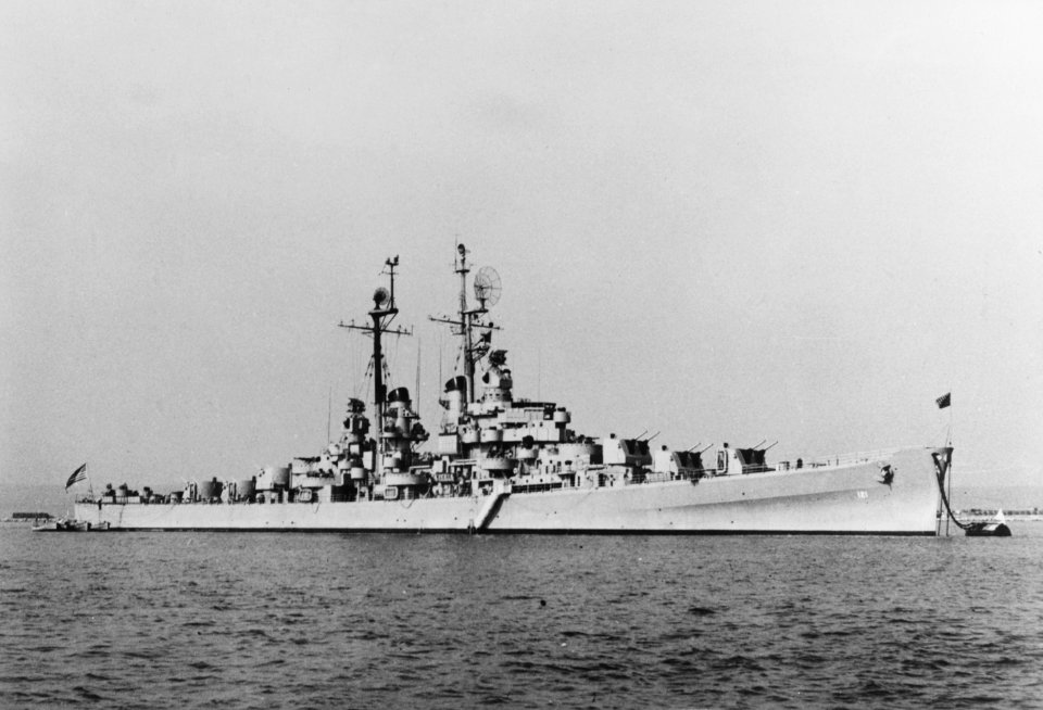 USS Fresno (CL-121) moored off Portland, Dorset (UK), 14 August 1947 (NH 54199)