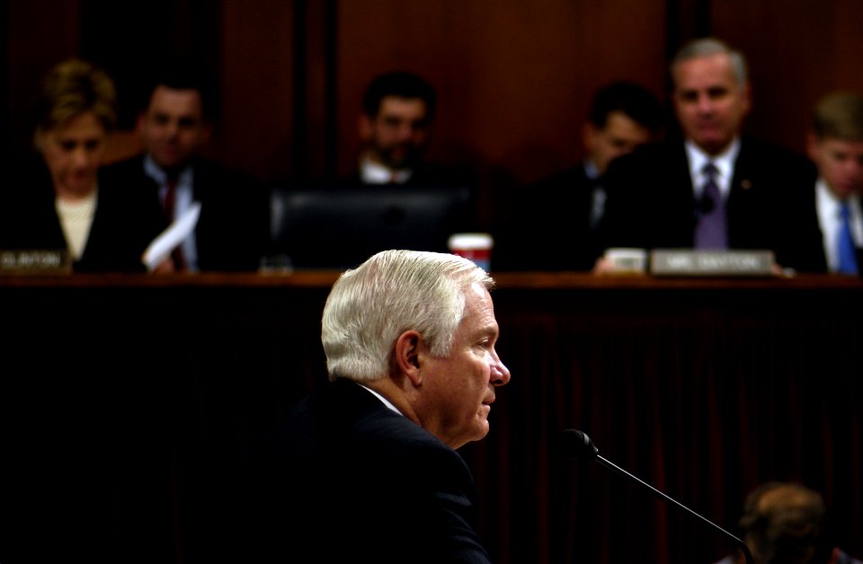 US Navy 061205-D-7203T-011 Secretary of Defense nominee Robert Gates responds to a question regarding his confirmation during a Senate Armed Services Committee hearing