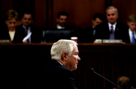 US Navy 061205-D-7203T-011 Secretary of Defense nominee Robert Gates responds to a question regarding his confirmation during a Senate Armed Services Committee hearing