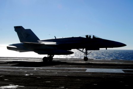 US Navy 061201-N-8158F-153 An F-A-18 Hornet assigned to the Sunliners of Strike Fighter Squadron Eight One (VFA-81) launches from the flight deck aboard the nuclear-powered aircraft carrier USS Nimitz (CVN 68)