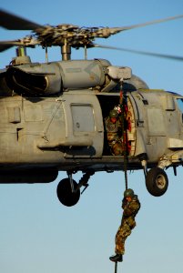 US Navy 061205-N-8158F-027 Explosive Ordnance Disposal (EOD) Technician 1st Class Scott Harstad, assigned to Explosive Ordnance Disposal Mobile Unit One One (EODMU-11), Detachment Northwest, fast ropes from an SH-60 Seahawk photo