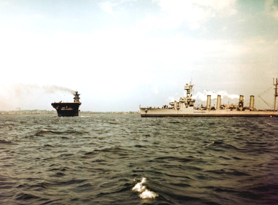 USS Franklin (CV-13) and USS Marblehead (CL-12) off NY 1945