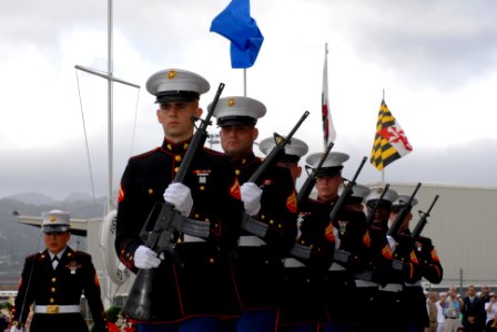 US Navy 061207-N-4965F-048 Marines assigned to Headquarters Service Battalion, Camp Smith, Hawaii, position for a rifle salute