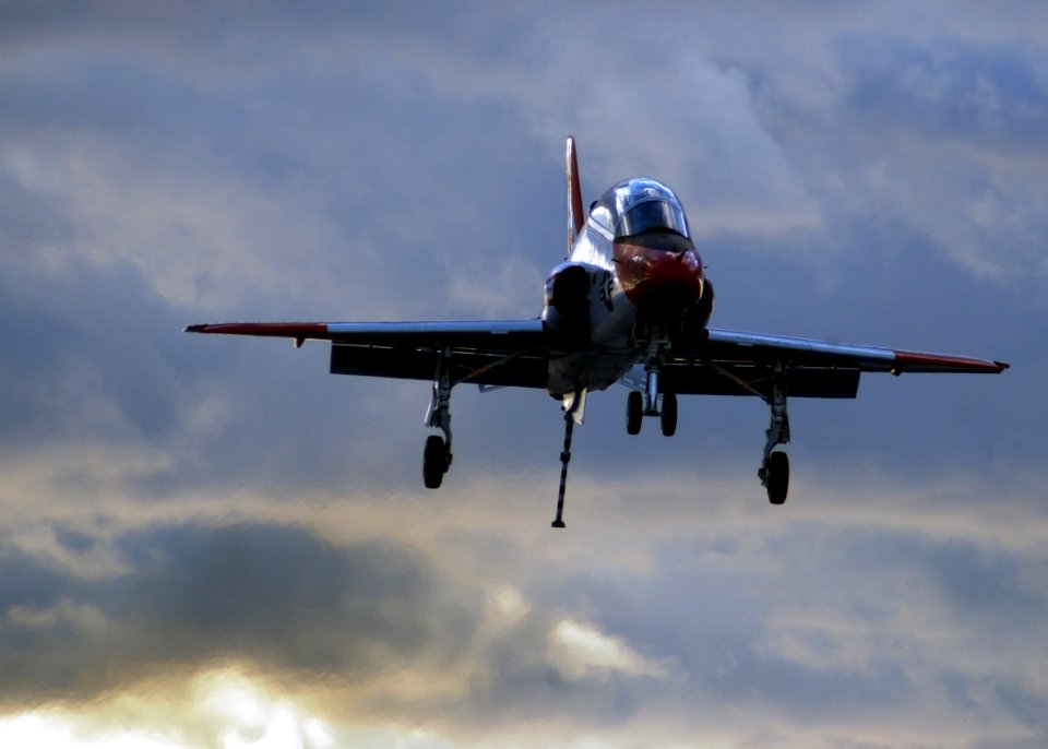 US Navy 061211-N-7241L-006 A T-45 Goshawk trainer prepares to make an arrested landing during carrier qualifications (CQ) aboard USS Theodore Roosevelt (CVN 71)