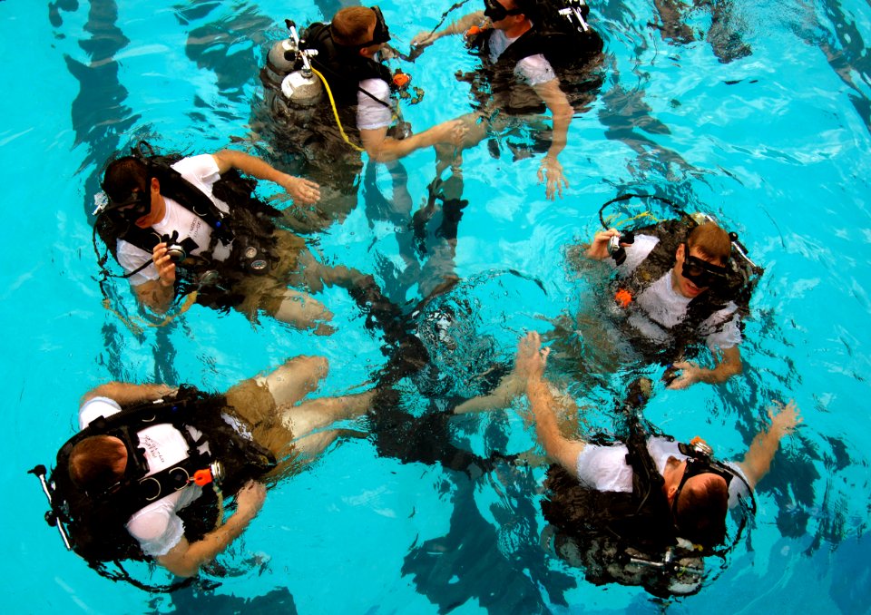 US Navy 061206-G-3721C-909 Six students at the Naval Diving and Salvage Training Center here surface after participating in a training exercise in the center's 12-foot pool