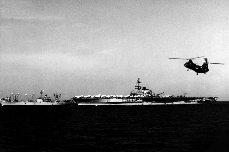 USS Franklin D. Roosevelt (CVA-42) and USS Rigel (AF-58) underway at sea, circa in 1968 (NH 67911)