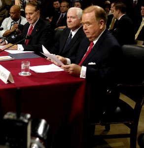 US Navy 061205-D-7203T-002 From right, Sen. David Boren, Secretary of Defense nominee Robert Gates, and Sen. Bob Dole prepare for the start of a Senate Armed Services Committee hearing (cropped1)