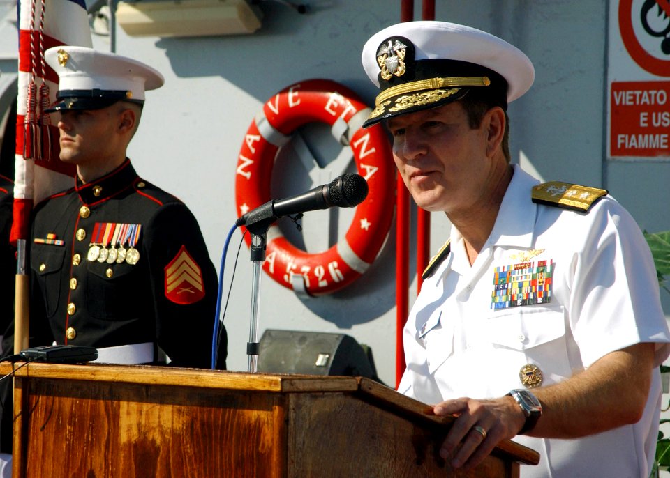 US Navy 061203-N-4205W-005 U.S. Navy Rear Adm. Allen G. Myers speaks during the ceremony where he assumed control of Combined Task Force 152 from Italian Rear Adm. Emilio Foltzer