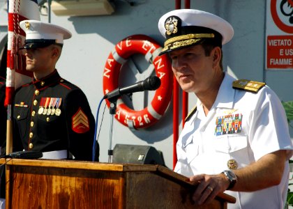 US Navy 061203-N-4205W-005 U.S. Navy Rear Adm. Allen G. Myers speaks during the ceremony where he assumed control of Combined Task Force 152 from Italian Rear Adm. Emilio Foltzer