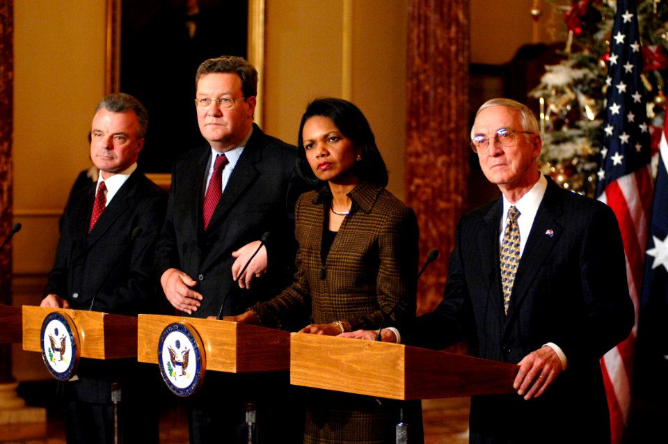 US Navy 061212-N-3642E-151 Deputy Secretary of Defense Gordon England, Secretary of State Condoleezza Rice, Australian Minister for Foreign Affairs Alexander Downer and Australian Minister for Defense Brendan Nelson listen to a