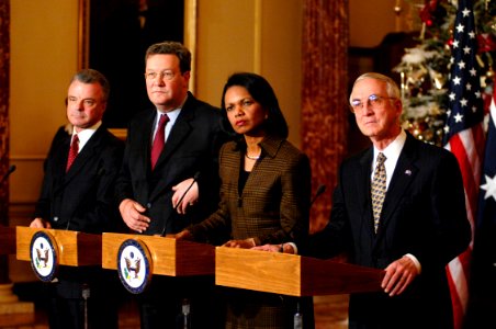 US Navy 061212-N-3642E-151 Deputy Secretary of Defense Gordon England, Secretary of State Condoleezza Rice, Australian Minister for Foreign Affairs Alexander Downer and Australian Minister for Defense Brendan Nelson listen to a