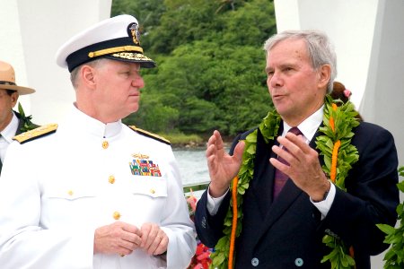 US Navy 061207-N-4856G-254 Commander, U.S. Pacific Fleet Adm. Gary Roughhead listens as Tom Brokaw speaks of the events and history of the Pearl Harbor attack