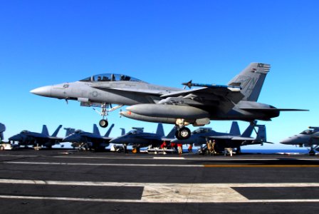 US Navy 061208-N-8158F-262 Commander, Strike Force Training Pacific, Rear Adm. Gerald R. Beaman, makes a successful arrested landing in an F-A-18 Super Hornet assigned to the photo
