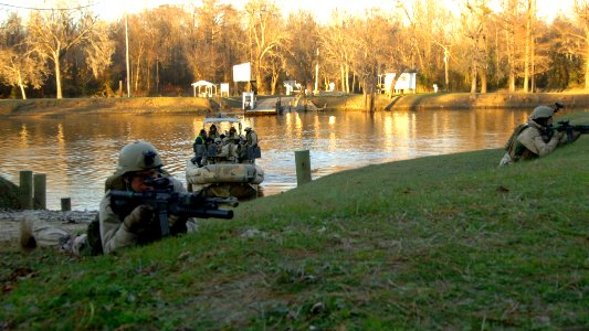 US Navy 061208-N-4097B-009 Sailors assigned to Riverine Squadron One (RIVRON-1) conduct field exercises as part of their final evaluation prior to deployment