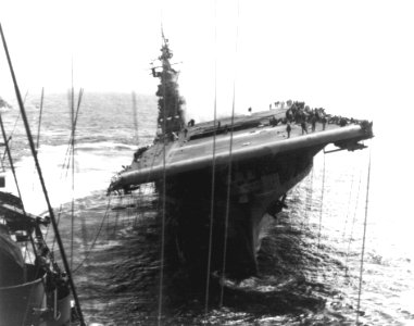 USS Franklin (CV-13) listing bow view 1945 photo