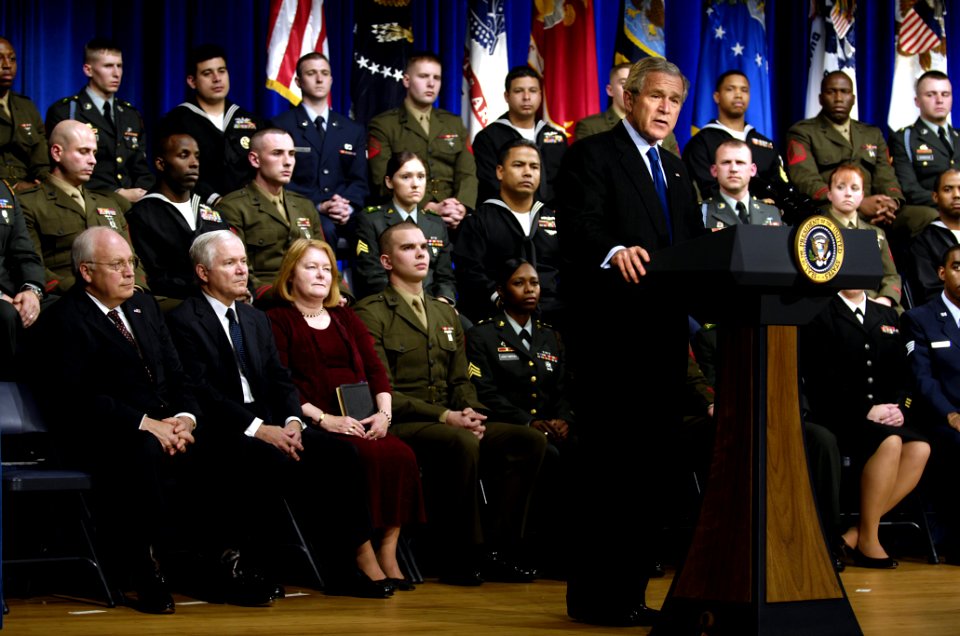 US Navy 061218-D-7203T-024 President George W. Bush addresses the audience during the oath of office ceremony for Robert M. Gates as the 22nd Secretary of Defense