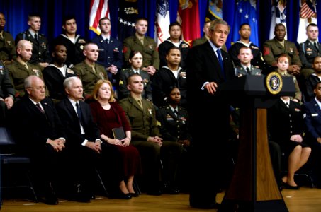 US Navy 061218-D-7203T-024 President George W. Bush addresses the audience during the oath of office ceremony for Robert M. Gates as the 22nd Secretary of Defense