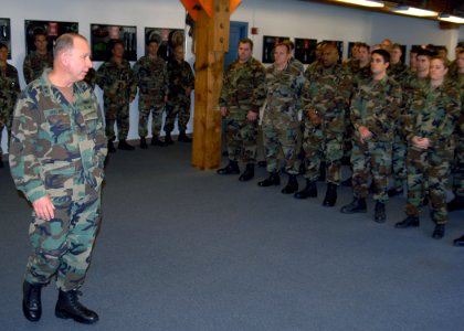 US Navy 061212-N-6247M-007 Commander, Navy Expeditionary Combat Command, Rear Adm. Donald Bullard, speaks to members of Explosive Ordnance Disposal Mobile Unit Eleven during his visit to the unit