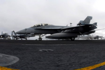US Navy 061213-N-8158F-025 An F-A-18F Super Hornet assigned to the Black Aces of Strike Fighter Squadron Four One (VFA-41) launches from the flight deck aboard the nuclear-powered aircraft carrier USS Nimitz (CVN 68)