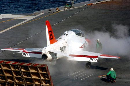 US Navy 061212-N-5248R-002 A T-45 Goshawk prepares to launch off of the flight deck of USS Theodore Roosevelt (CVN 71)