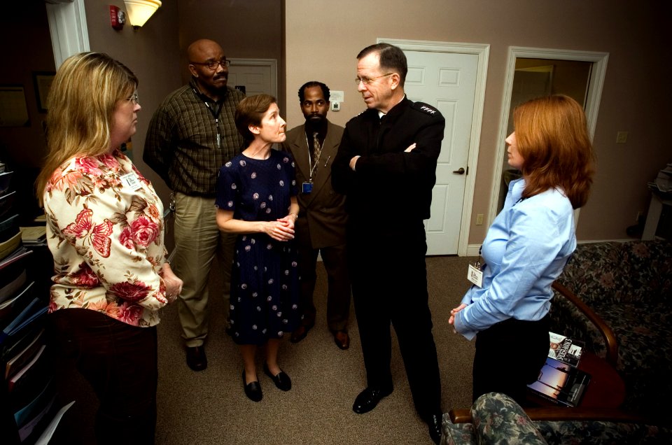 US Navy 061214-N-0696M-196 Chief of Naval Operations (CNO) Adm. Mike Mullen speaks with employees at the Fleet ^ Family Support Center at Naval Air Station Joint Reserve Base New Orleans