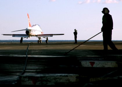 US Navy 061212-N-7571S-006 A T-45 Goshawk lands on board USS Theodore Roosevelt (CVN 71) during flight operations