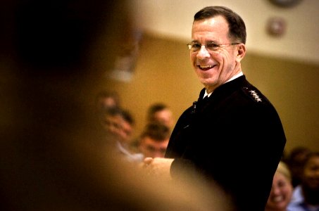 US Navy 061214-N-0696M-244 Chief of Naval Operations Adm. Mike Mullen reacts to a question from a Sailor during an all-hands onboard Naval Air Station Joint Reserve Base New Orleans