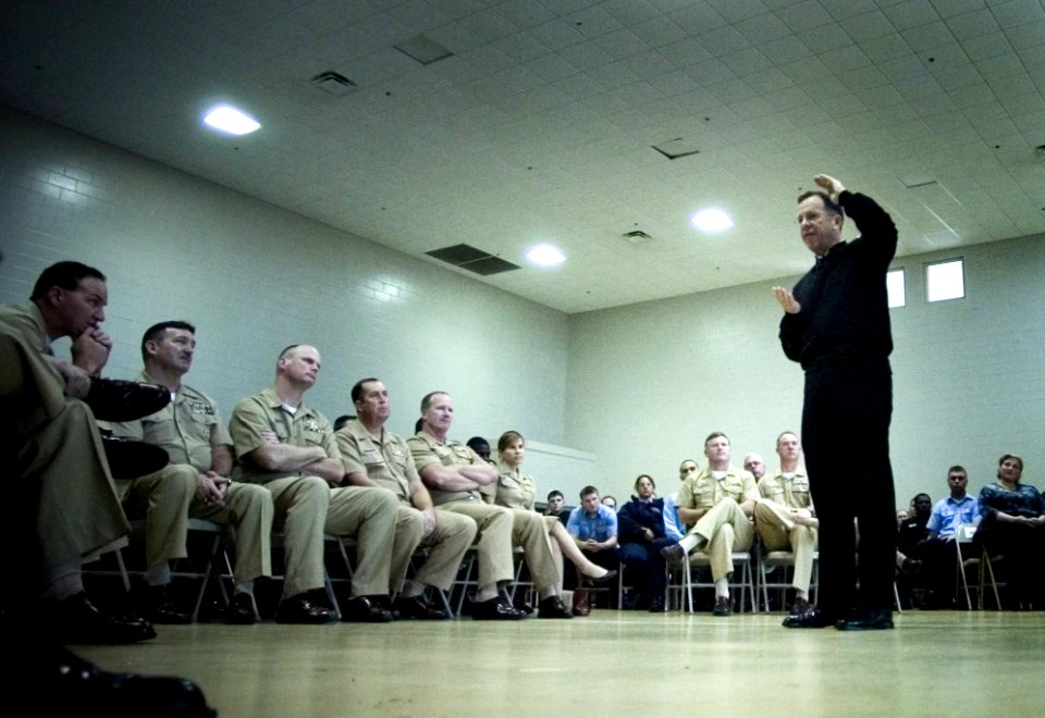 US Navy 061214-N-0696M-310 Chief of Naval Operations (CNO) Adm. Mike Mullen holds an all-hands call with Sailors assigned to Naval Air Station Joint Reserve Base New Orleans