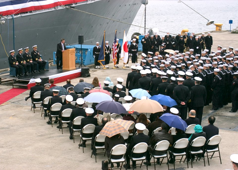 US Navy 061212-N-2716P-012 Retired Chief Boatswain's Mate (SEAL-EOD) Kenneth J. Stethem addresses the gathered Sailors and guests at the change of command ceremony for guided-missile destroyer USS Stethem (DDG 63)