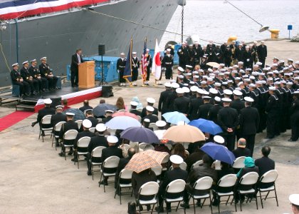 US Navy 061212-N-2716P-012 Retired Chief Boatswain's Mate (SEAL-EOD) Kenneth J. Stethem addresses the gathered Sailors and guests at the change of command ceremony for guided-missile destroyer USS Stethem (DDG 63)