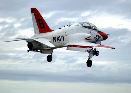 US Navy 061214-N-7241L-004 A T-45 Goshawk trainer gains altitude after performing a touch-and-go during carrier qualifications aboard USS Theodore Roosevelt (CVN 71)