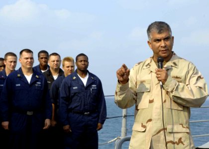 US Navy 061221-N-5330L-255 Master Chief Petty Officer of the Navy (MCPON) Joe R. Campa Jr. speaks to the Sailors aboard the guided-missile cruiser USS Anzio (CG 68)