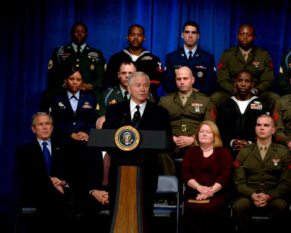 US Navy 061218-D-2987S-088 Secretary of Defense Robert M. Gates offers his remarks after taking the oath of office as the 22nd Secretary of Defense