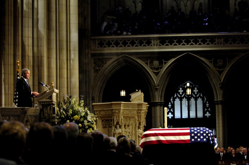 US Navy 070102-F-0193C-006 President George W. Bush delivers a eulogy during funeral services for former President Gerald R. Ford at the Washington National Cathedral in Washington, D.C