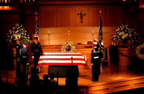 US Navy 061229-N-9909C-006 A Guard of Honor stands watch as former President Gerald R. Ford lies in repose at St. Margaret's Episcopal Church in Palm Desert, Calif., Dec. 29, 2006