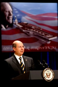 US Navy 070116-N-3642E-063 Secretary of the Navy (SECNAV), the Honorable Dr. Donald C. Winter speaks to an audience of 300 during the official naming ceremony of the USS Gerald R. Ford (CVN 78), the first aircraft carrier in th