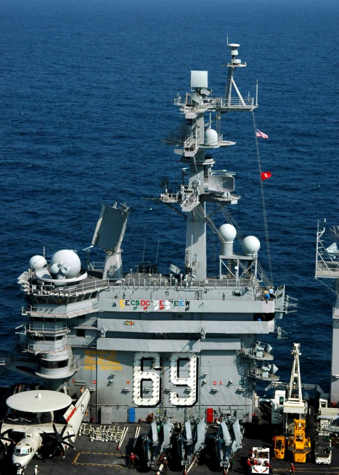 US Navy 070103-N-0490C-006 The Ohio State University Buckeyes flag is flown aboard the Nimitz-class aircraft carrier USS Dwight D. Eisenhower (CVN 69) as a show of support by Eisenhower fans for the BCS Championship game agains