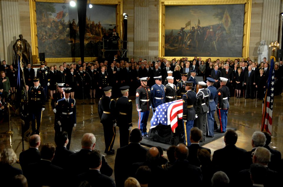 US Navy 061230-D-1142M-002 Members of the Armed Forces Honor Guard stand at attention after placing the casket of former President Gerald R. Ford in the Rotunda of the U.S. Capitol, Dec. 30, 2006