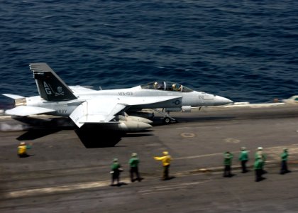 US Navy 070112-N-8907D-003 An F-A-18F Super Hornet assigned to the Jolly Rogers of Strike Fighter Squadron One Zero Three (VFA-103) launches from the flight deck of the Nimitz-class aircraft carrier USS Dwight D. Eisenhower (CV
