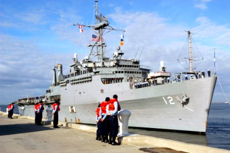 US Navy 070104-N-1713L-032 Line handlers stand at parade rest as the amphibious transport dock ship USS Shreveport (LPD 12) departs Naval Station Norfolk