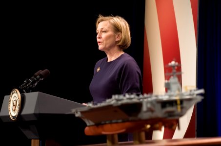 US Navy 070116-N-0696M-073 Susan Ford Bates, daughter of President Gerald R. Ford, speaks at the unveiling and naming of USS Gerald R. Ford (CVN 78)