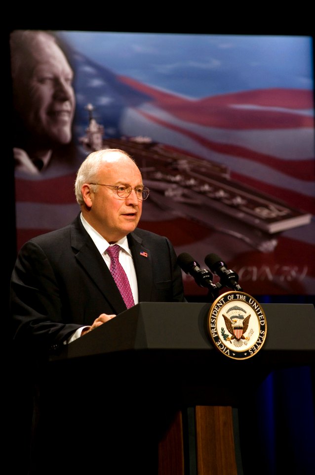 US Navy 070116-N-3642E-154 Vice President Dick Cheney, speaks to an audience of 300 during the official naming ceremony of the USS Gerald R. Ford (CVN 78), the first aircraft carrier in the Ford class of carriers