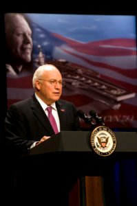 US Navy 070116-N-3642E-154 Vice President Dick Cheney, speaks to an audience of 300 during the official naming ceremony of the USS Gerald R. Ford (CVN 78), the first aircraft carrier in the Ford class of carriers