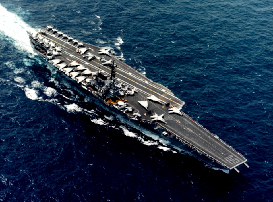 USS Forrestal (CV-59) underway at sea in 1987 (NH 97657-KN)