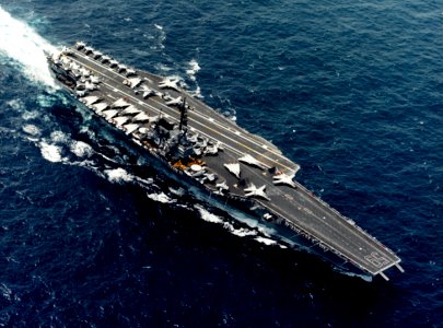 USS Forrestal (CV-59) underway at sea in 1987 (NH 97657-KN)