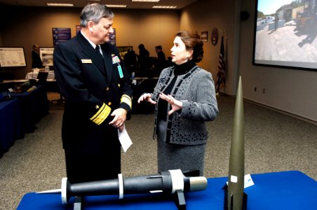 US Navy 070116-N-7676W-002 Dr. Elizabeth D'Andrea, Office of Naval Research Code 352 Program Manager, right, discusses the Electromagnetic Railgun (EMRG) program with Rear Adm. William E. Landay, Chief of Naval Research, prior